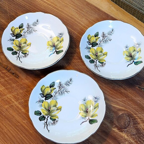 Vintage Regency English Bone China Saucers, Yellow Magnolia Gold Trim, Set of 3 - Picture 4 of 10